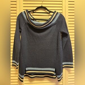 Moral Fiber Medium Navy Blue Sweater with Cream & Light Blue Stripes